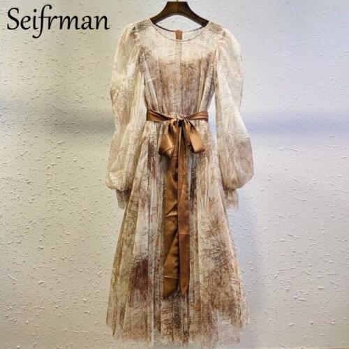 Seifrmann New 2021 Summer Women Fashion Runway Party Long Dress Flare Sleeve Bow Sashes Elegant Slim Ladies Mesh Dress Vestidos