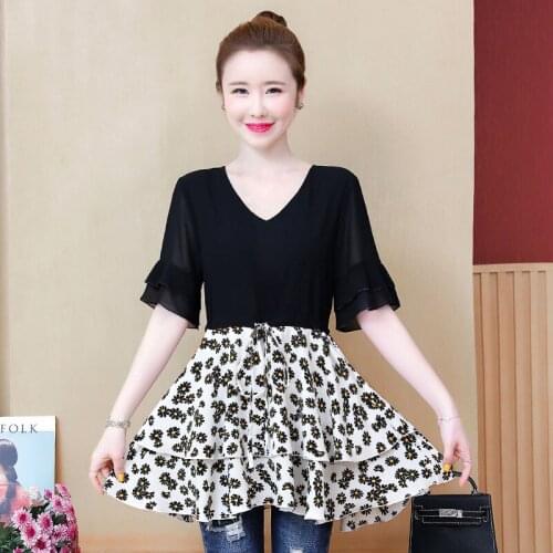 Plus Size Women Spring Summer Style Chiffon Blouses Shirt Lady Short Flare Sleeve O-Neck Polka Dot Printed Blusas Tops ZZ0354