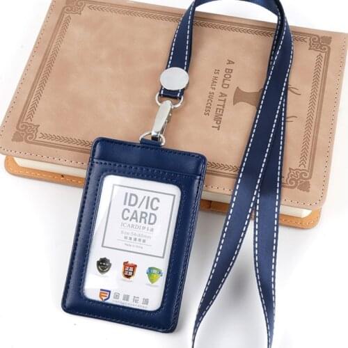 ID Badge Holder, Vertical PU Leather ID Badge Holder with 1 Clear ID Window & 1 Credit Card Slot and a Detachable Neck Lanyard