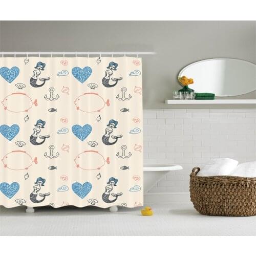 Kids Decor Shower Curtain Mermaid Balloon Fish Hearts Sea Objects Bath Curtains For Bathroom Bathtub