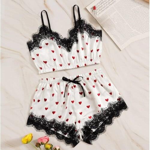 Womens Pajamas V-neck Heart Print Lace Satin Camisole Pyjamas Women Underwear Sexy Lingerie Pijama Bowknot Shorts Pajama Sets