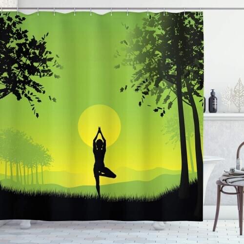 Yoga Shower Curtain Meditating Lady Under Sunset Sky in Forest Serenity Balance Soul Nature Art Bathroom Decor Set with Hooks 75