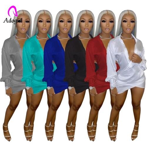 Elegant Office Lady Women Mini Dress Solid 2021 Summer Deep V Neck Shirts Dress Workout Activewear Sexy Night Club Party Vestido