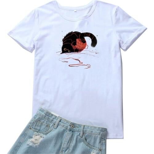 Black Cat Tangled In Yarn Balls Women Tshirt Lovely Animal Print Graphics T Shirts for Women Kawaii Clothes Women T-shirt Tops