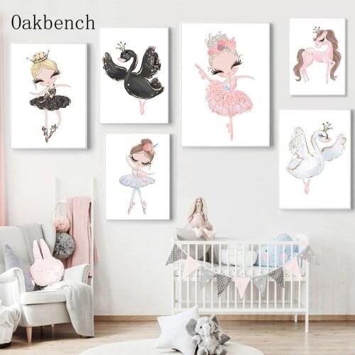 Ballet Girl Canvas Painting Nursery Wall Art Prints Swan Unicorn Print Baby Poster Nordic Wall Pictures For Girl Room Decor