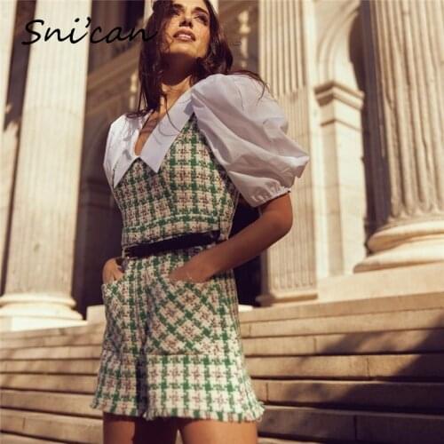 Spring White Green Patchwork Jumpsuit With Belt Pockets Fashion Turn Down Collar Harf Sleeve Plaid Playsuit Za Women Streetwear