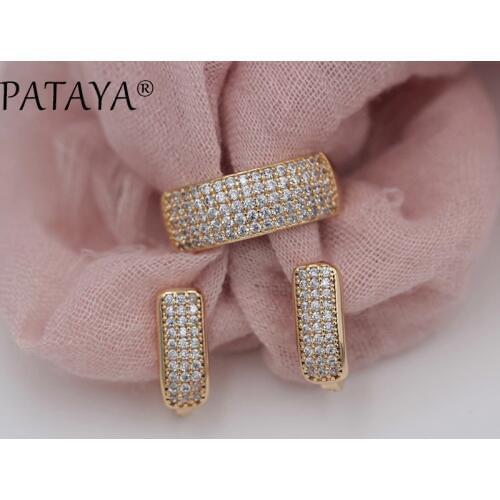PATAYA New Arrivals Fashion Luxury Jewelry Set 585 Rose Gold Earrings Rings Sets Round White Natural Zirconia Jewelry For Women