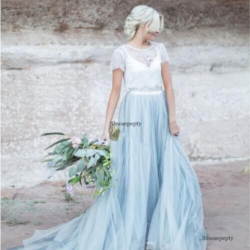 Two Piece Country Lace Tulle Wedding Dresses A Line New 2020 Short Sleeve Sky Blue Bride Dress Long Beach Boho Bridal Gowns