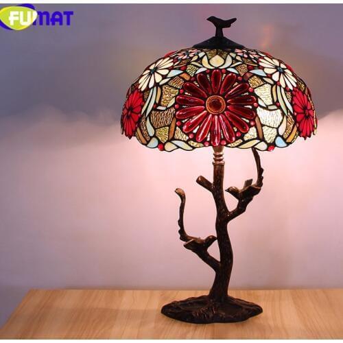 FUMAT Tiffanylamp Table Lamps Pteris Staiend Glass Lamp Shade For bedroom bedside Lamps LED Home Art Deco Marriage Desk Light