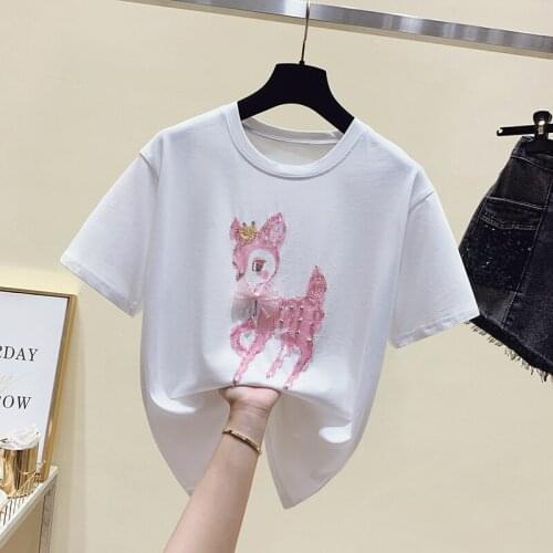 Summer Short Sleeve Fashion Loose printing T-shirts Top Heavy industry Beading T Shirt Womens T-Shirt women clothing