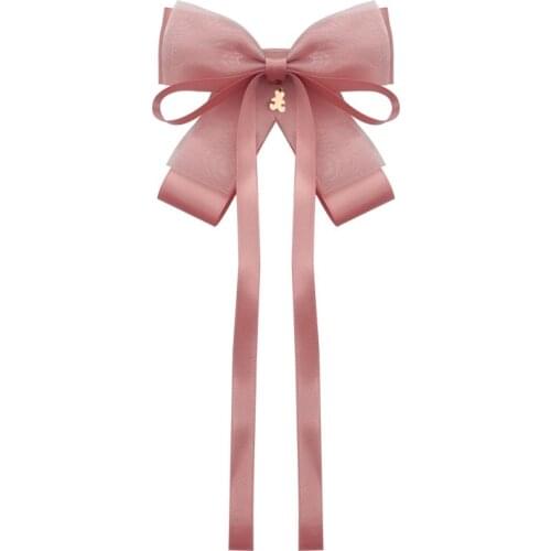 New College Style Bow Tie Korean Long Ribbon Bear Brooch Bowtie Girl Pink Sweet Shirt Accessories Collar Flower Gift for Women