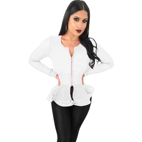 Fall Women Elegant Zipper Bomber Jacket Slim Coat Long Sleeve Layered Ruffles Peplum Tops Sexy Club Wear Outwear Jackets Female
