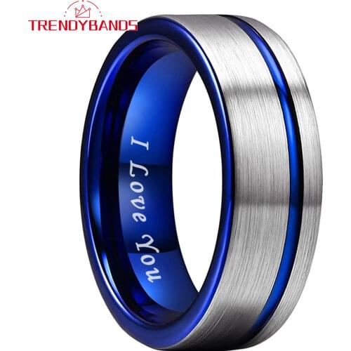 Blue Engagement Ring Men Women Tungsten Wedding Band With Offset Grooved Brushed Finish Comfort Fit