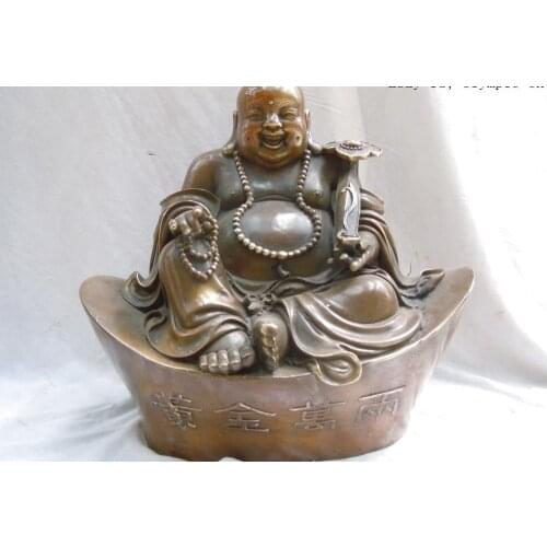 12" China brass copper carved luck Golden Richness happy buddha Sculpture statue