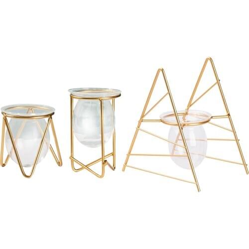 Glass Hydroponic Plant Pot Vase Metal Frame Stand Bonsai Tabletop Centerpiece