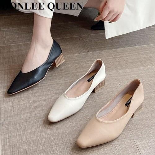 Female Thick Heel Shoes Women Pumps Square Toe Office Dress Shoes Slip On Low Heels Autumn Footwear Shallow Shoes Zapatos Mujer