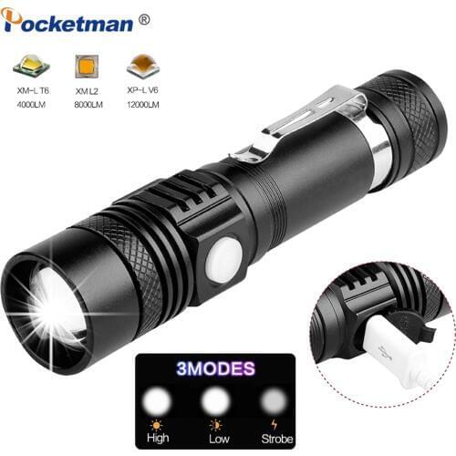 Ultra Bright LED Flashlight USB Rechargeable Torch T6/L2/V6 Power Chip Zoomable LED Linterna Bicycle Light Use 18650 Battery