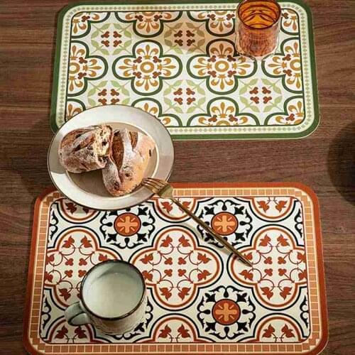 40x 30cm Vintage Light Luxury Leather Placemat Table Pad Flower Romantic Western Household Disc Pads Table Decor Craft