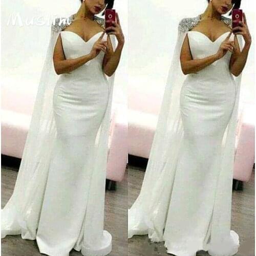 Vintage Arabic Dubai Evening Dress With Caped Elegant White Mermaid Long Prom Dress With Beaded Formal Robe De Soirée De Mariage