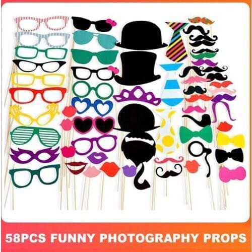 58pcs Funny Handheld Mustache Mouth Glasses Hats Photograph Props Decoration Wedding Party Christmas Party Photography Supplies