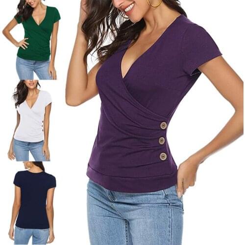 WIRELESS AGE T Shirt Women Short Sleeve Deep V Neck Slim Fit Twisted Solid Color Casual Womens Tops New Summer Fashion Wild