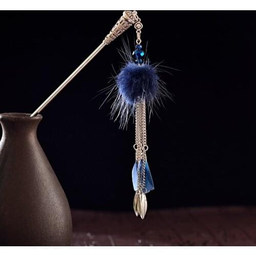 2019 Womens Vintage Feather Long Sweet Hair Stick Bohemia Long Chain Tassel Hair Sticks Summer Ethnic Pom Pom Hairpin