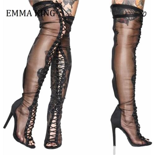 2021 Spring Women Mesh Thigh High Boots Sexy Open Toe Front Laue Up Gladiator Boots Stiletto High Heels Over The Knee Boots