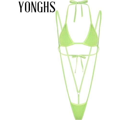 Womens Erotic Bikini Lingerie Suit Glitter Rhinestone Sexy Bikini Set Halter Neck Bra with G-string Lace-up Swimwear Sunbathing