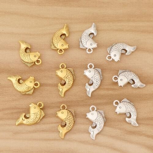 50 Pieces Tibetan Silver/Gold 3D Carp Fish Charms Pendants Beads 2 Sided for DIY Bracelet Necklace Jewellery Making Accessories