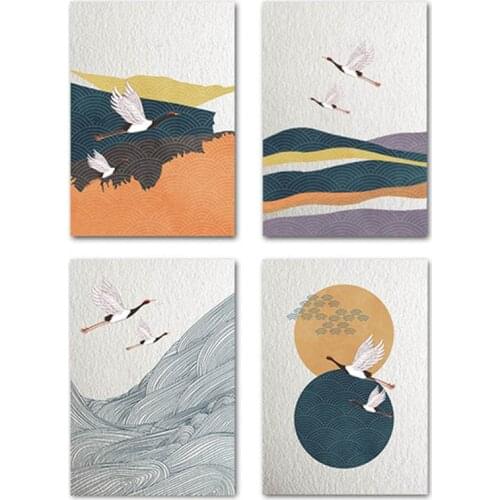 Modern Abstract Wall Art Chinese Style Crane Mountain Paintings Nordic Canvas Posters Prints for Living Room Bedroom Decoration