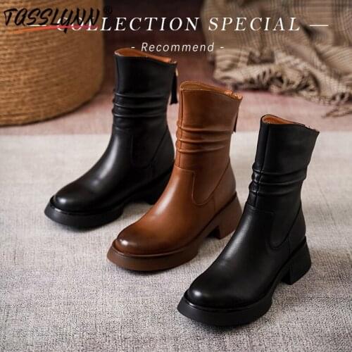 TASSLYNN 2022 Combat Boots for Women Brown Genuine Leather Mid-Calf Chelsea Boots Square Heel Winter Women Boots High Heels