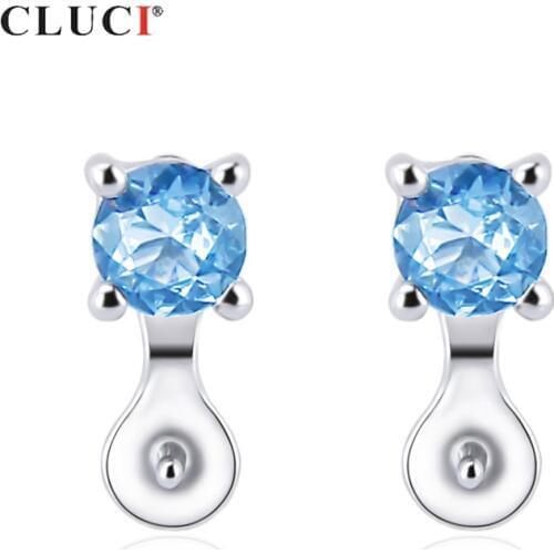 CLUCI Simple 925 Sterling Silver Stud Earring for Women Wedding Prong Setting Blue Zircon Pearl Earring Mounting Jewelry SE125SB