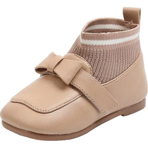 Princess Bow Kids Sock Boots PU Leather Knitting Slip On Girls Fashion Shoes Autumn Non Slip Soft Bottom Children Ankle Boots