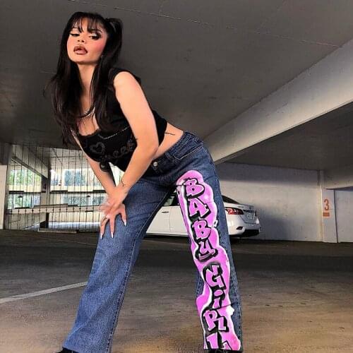 Y2K Baby Girl Jeans Stylish Cool Letter Printed Straight Trousers Women Painted High Waist Jeans Hip Hop Streetwear