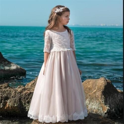 Elegant Flower Girl Dresses With Half sleeve Lace Applique Tulle Ball Gown First Holy Communion Party Dress for Girls Customized