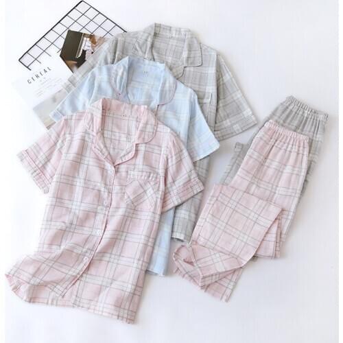 Fdfklak Lovers Summer Pajamas Couples Cotton Sleepwear Plaid Pyjama Sets Women Pajama Sets Short Sleeve Men Lounge Pijamas
