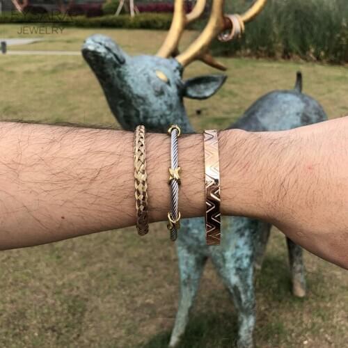 FYSARA Stainless Steel Rose Gold Color Open V Cuff Bracelets Bangles for Women Girl Bangles Set Twisted Cable Wire Bangles