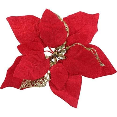 15 PCS Artificial Christmas Flowers Decorations Xmas Tree Ornaments Glitter Gold/Silver with Clips