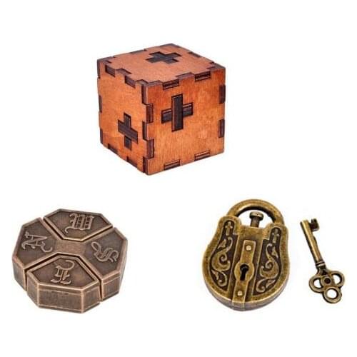 Classic 3PCS/Set IQ Metal Wooden Brain Teaser Educational Puzzles Game for Adults Children