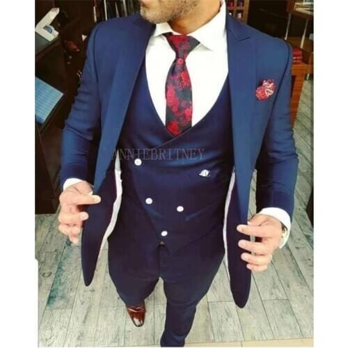 Navy Blue Suit Men 3 Pieces Slim Fit Wedding Tuxedos Peak Lapel Groomsmen Wear Costume Homme Mens Prom Blazer