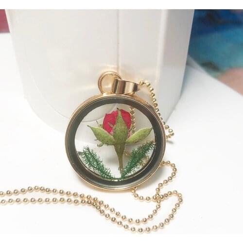 Dried Rose Glass Floating Lockets Pendant Necklaces for Women Dried Flower Pendants Necklace Chain Choker Jewelry Gifts Souvenir