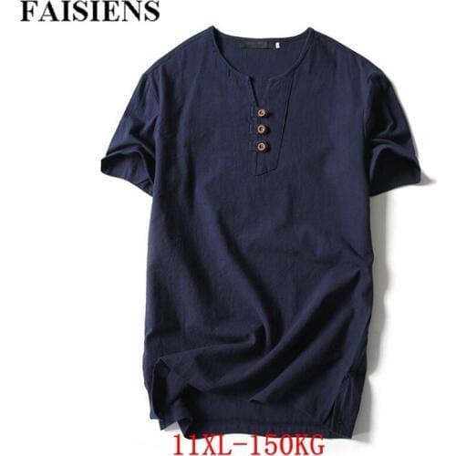 FAISIENS Summer Men Linen big sales T-shirt Plus Size 9XL 10XL 11XL V-neck 7XL 8XL Chinese Style Short Sleeve Loose Blue T Shirt