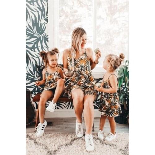 European And American Fashion Summer Leaf Print Parent Child Suspender Dress Mommy And Me Clothes Vestidos Mama E Hija