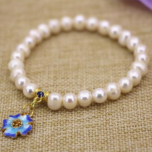Fashion women strand bracelet 7-8mm natural white pearl thread beads charms lady gold-color cloisonne diy jewelry 7.5inch B3120