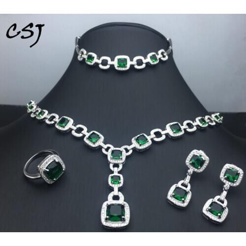 Luxury Crystal Jewelry Sets Sterling 925 Silver Green Stone Fine Jewelry Women Lady Party Wedding Gift With Box