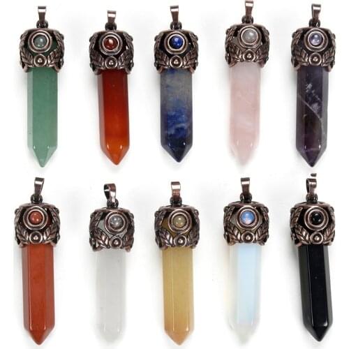 2019 New Fashion Women Men Jewelry Antique Bronze Cap Natural Amethysts Stone Point Healing Hexagon Pillar Necklace Pendants