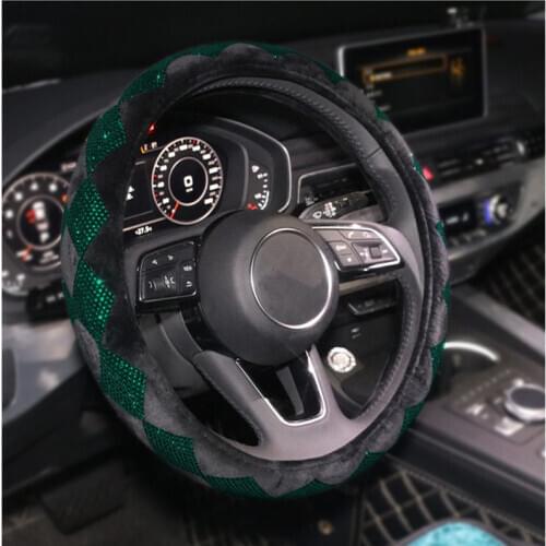 Plush Luxury Crystal Green Rhinestone Car Steering Wheel Covers Women Diamante Rhinestone Car Covered Steering-Wheel Accessories