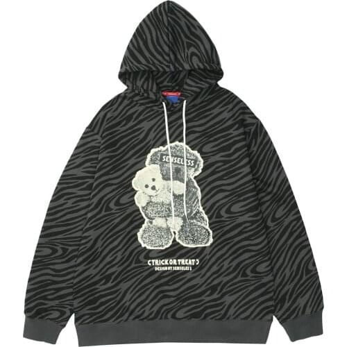 Zebra Striped Furry Cartoon Bear Printed Hoodie Men Vintage Fashion High Street Casual Baggy Pullover Couple Streetwear
