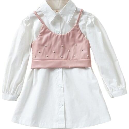 2-7Years Toddler Girls Casual 2Pcs Clothes Set White Solid Color Dress Pink Camisole with Decorative Pearl
