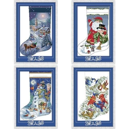 Joy Sunday Christmas Socks View Cross Stitch Kits Printed Chinese Counted Embroidery Needlework Decorations for Home Embroidery